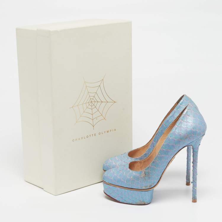 Pre Owned Charlotte Olympia Dolly Size 37 Blue Python Platform Pumps