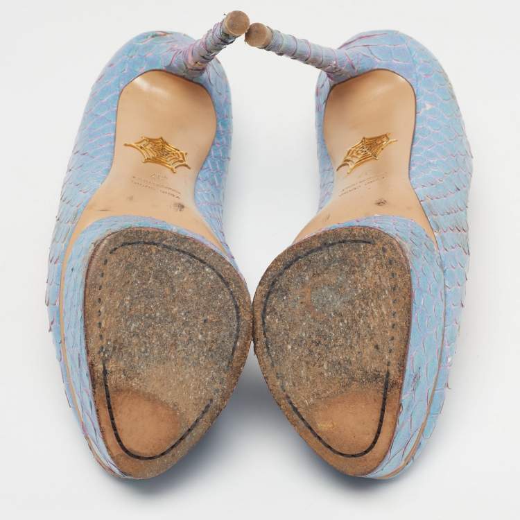 Pre Owned Charlotte Olympia Dolly Size 37 Blue Python Platform Pumps