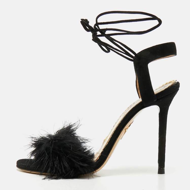 Pre Owned Charlotte Olympia Salsa Size 37.5 Black Feather and Suede Ankle Strap Sandals