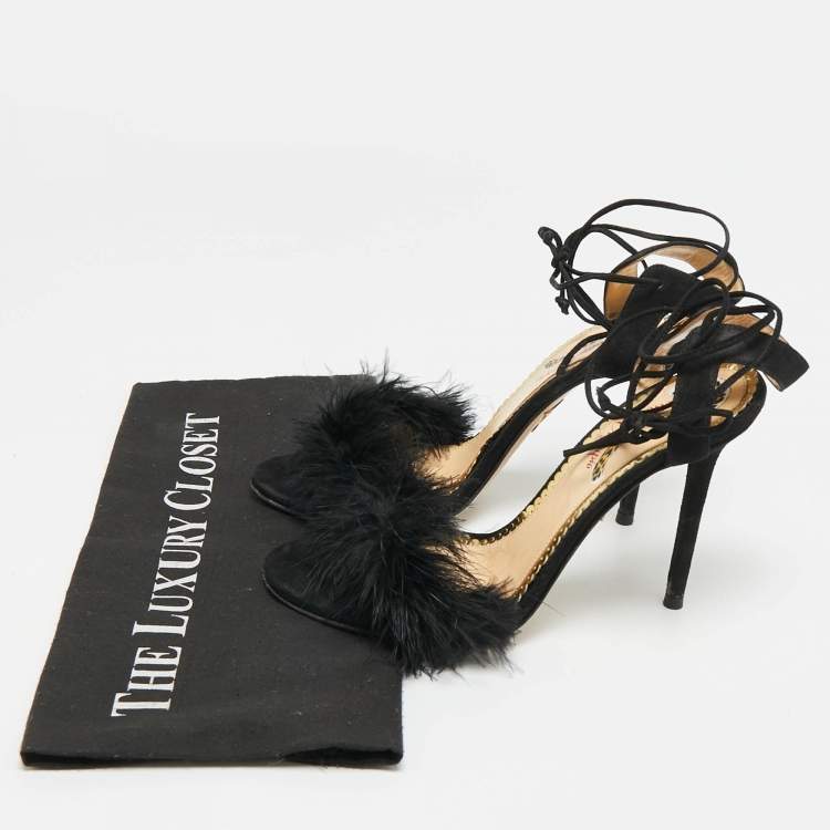 Pre Owned Charlotte Olympia Salsa Size 37.5 Black Feather and Suede Ankle Strap Sandals