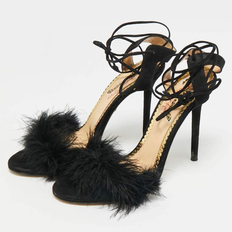 Pre Owned Charlotte Olympia Salsa Size 37.5 Black Feather and Suede Ankle Strap Sandals
