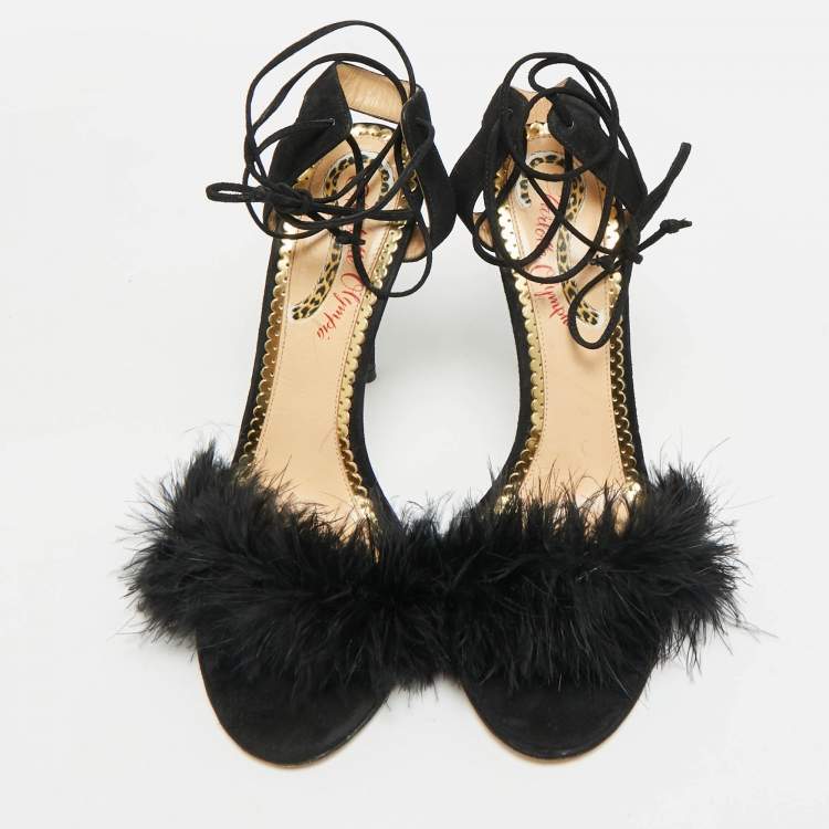 Pre Owned Charlotte Olympia Salsa Size 37.5 Black Feather and Suede Ankle Strap Sandals