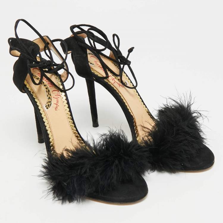 Pre Owned Charlotte Olympia Salsa Size 37.5 Black Feather and Suede Ankle Strap Sandals
