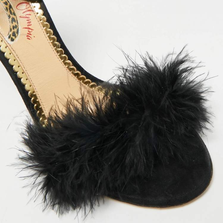 Pre Owned Charlotte Olympia Salsa Size 37.5 Black Feather and Suede Ankle Strap Sandals