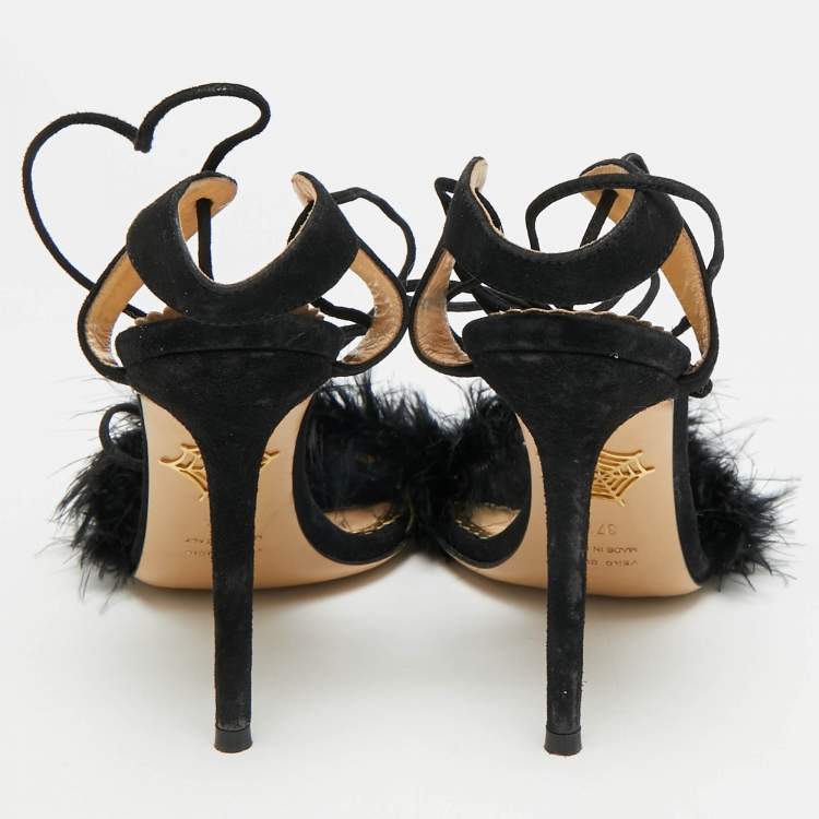 Pre Owned Charlotte Olympia Salsa Size 37.5 Black Feather and Suede Ankle Strap Sandals