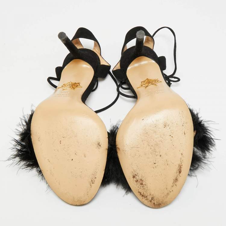 Pre Owned Charlotte Olympia Salsa Size 37.5 Black Feather and Suede Ankle Strap Sandals