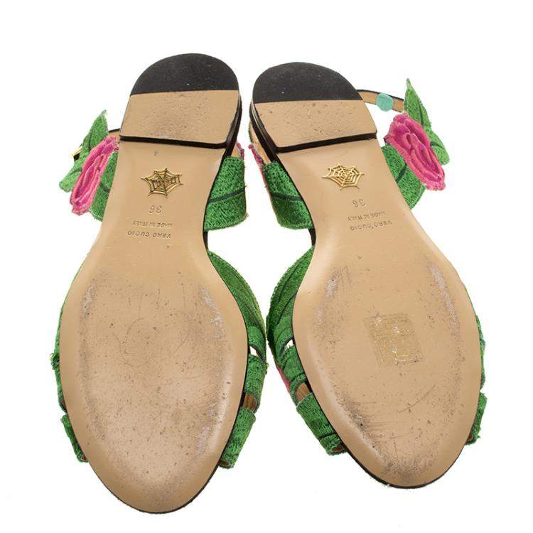 Pre Owned Charlotte Olympia Pink/Green Rose Embroidered Fabric Ankle Strap Flat Sandals Size 36