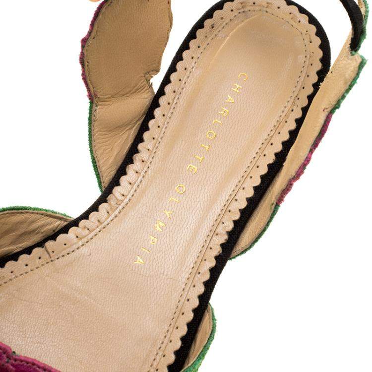 Pre Owned Charlotte Olympia Pink/Green Rose Embroidered Fabric Ankle Strap Flat Sandals Size 36