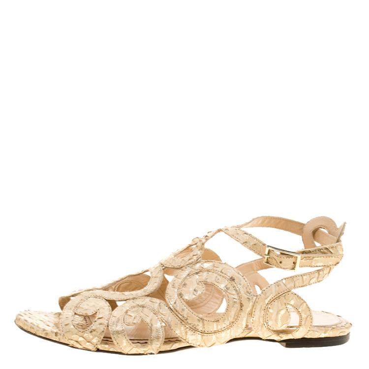 Pre Owned Charlotte Olympia Beige Python Embossed Leather Elisa Sandals Size 36