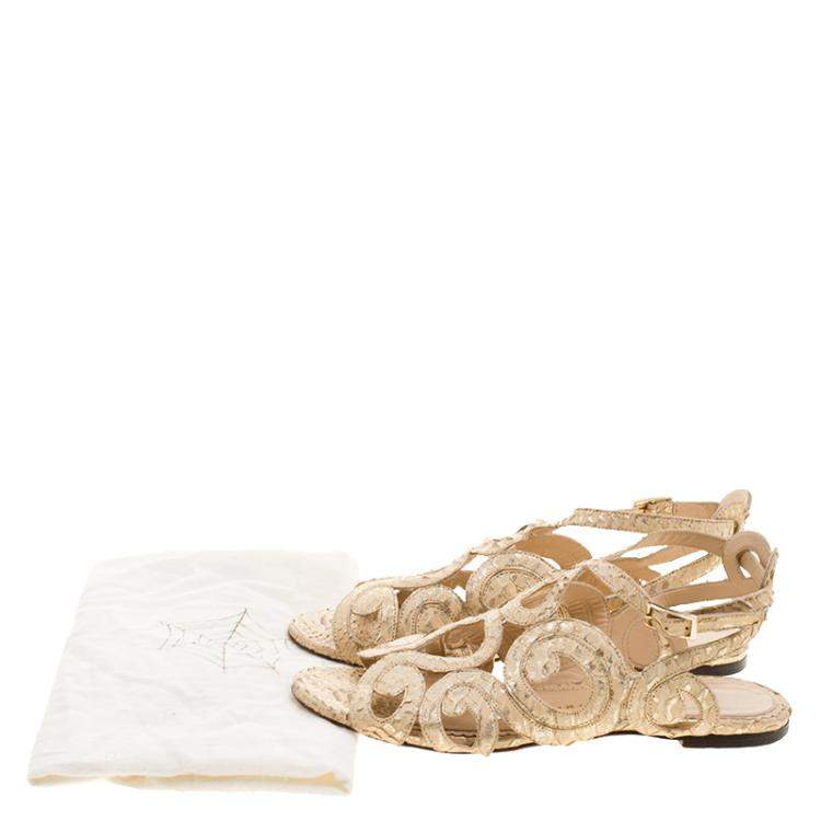 Pre Owned Charlotte Olympia Beige Python Embossed Leather Elisa Sandals Size 36