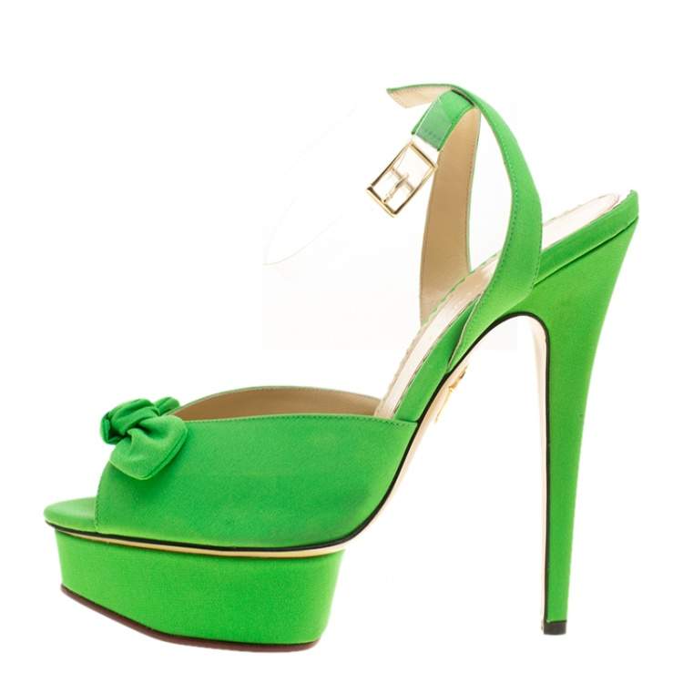 مملوكة مسبقًا Charlotte Olympia Gren Satin Serena Bow Ankle Strap Platform Sandals Size 40
