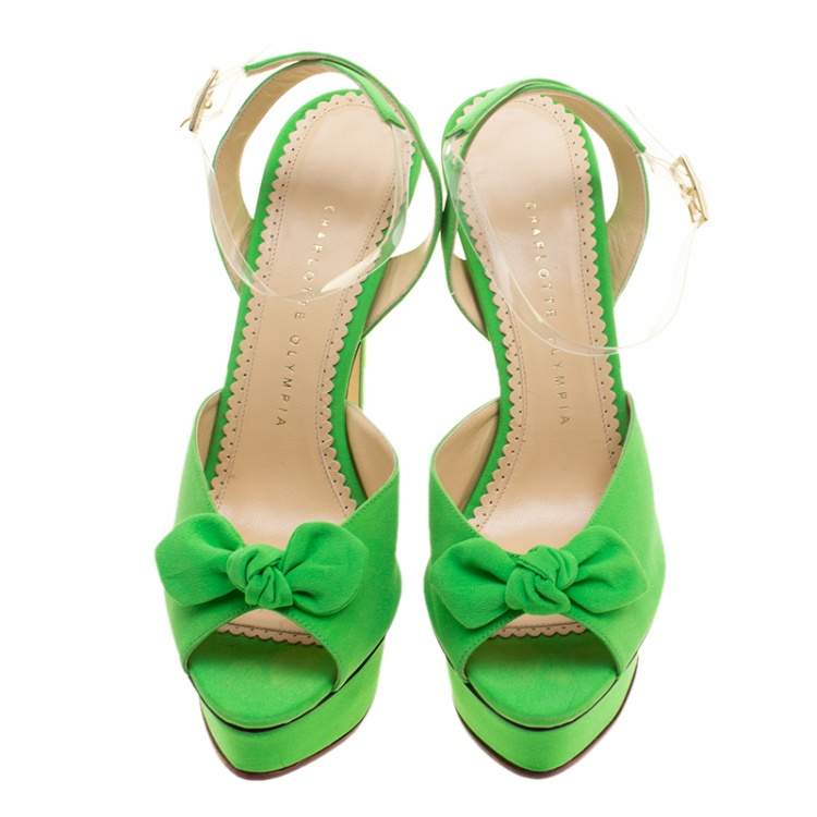 مملوكة مسبقًا Charlotte Olympia Gren Satin Serena Bow Ankle Strap Platform Sandals Size 40