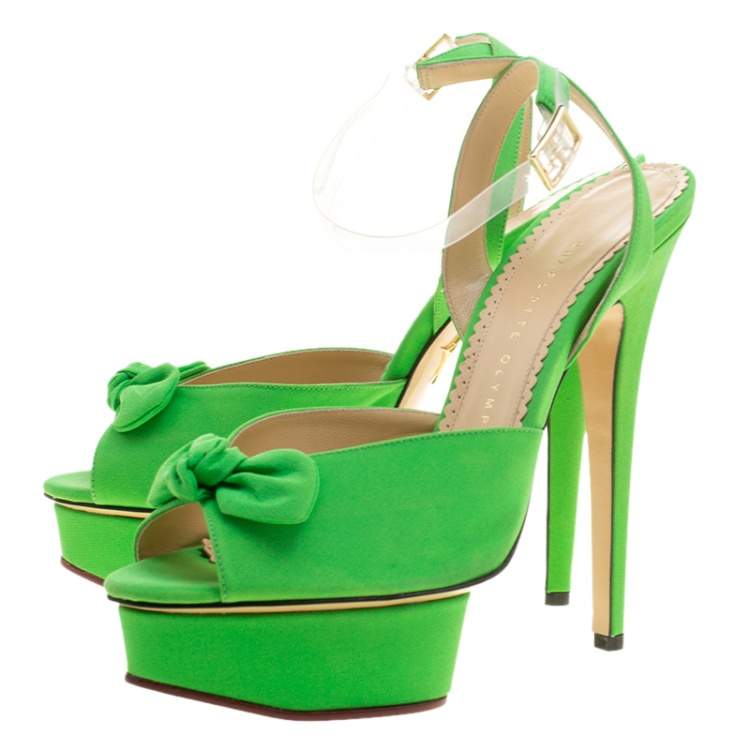 مملوكة مسبقًا Charlotte Olympia Gren Satin Serena Bow Ankle Strap Platform Sandals Size 40