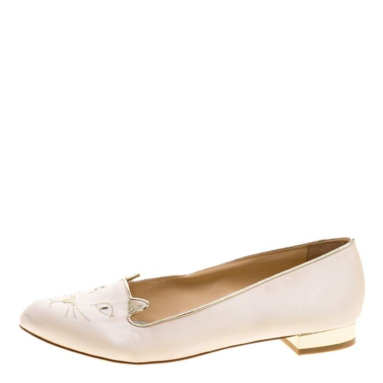 Pre Owned Charlotte Olympia Pale Pink Kitty Embroidered Satin Flats Size 40