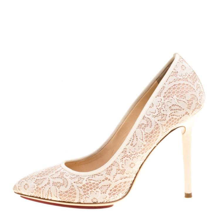 Pre Owned Charlotte Olympia Beige Lace and Satin Monroe Pointed Toe Pumps Size 39