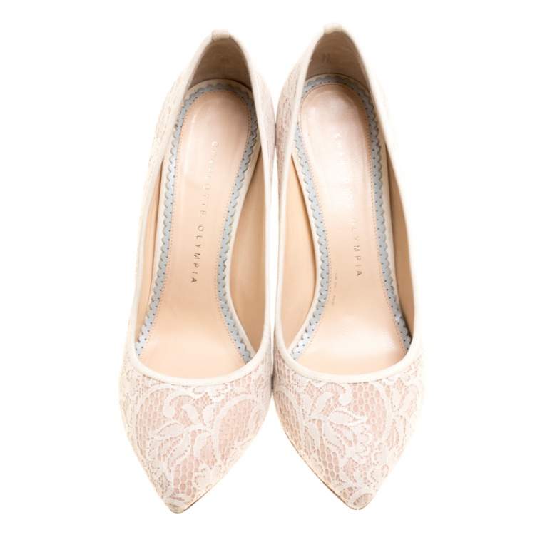 Pre Owned Charlotte Olympia Beige Lace and Satin Monroe Pointed Toe Pumps Size 39