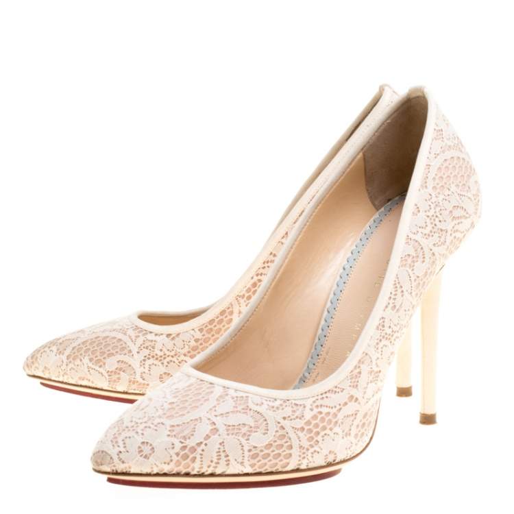 Pre Owned Charlotte Olympia Beige Lace and Satin Monroe Pointed Toe Pumps Size 39