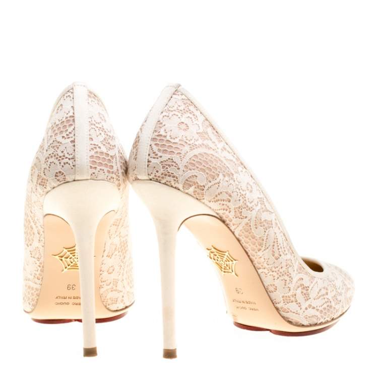 Pre Owned Charlotte Olympia Beige Lace and Satin Monroe Pointed Toe Pumps Size 39