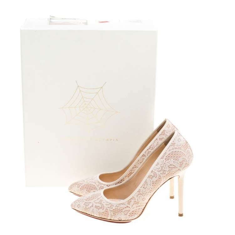 Pre Owned Charlotte Olympia Beige Lace and Satin Monroe Pointed Toe Pumps Size 39