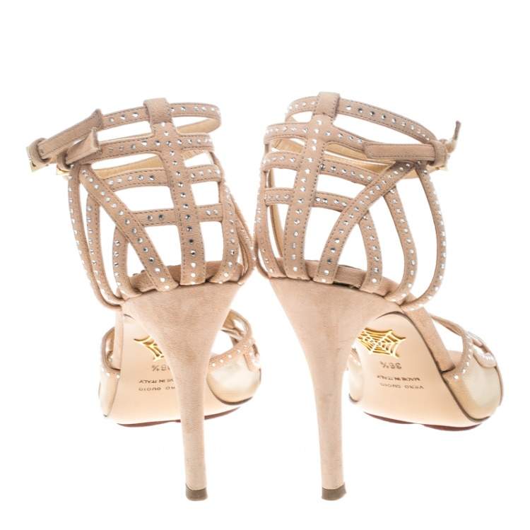 Pre Owned Charlotte Olympia Beige Crystal Embellished Suede Octavia Ankle Strap Sandals Size 36.5