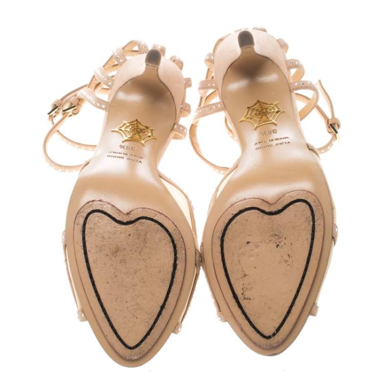 Pre Owned Charlotte Olympia Beige Crystal Embellished Suede Octavia Ankle Strap Sandals Size 36.5