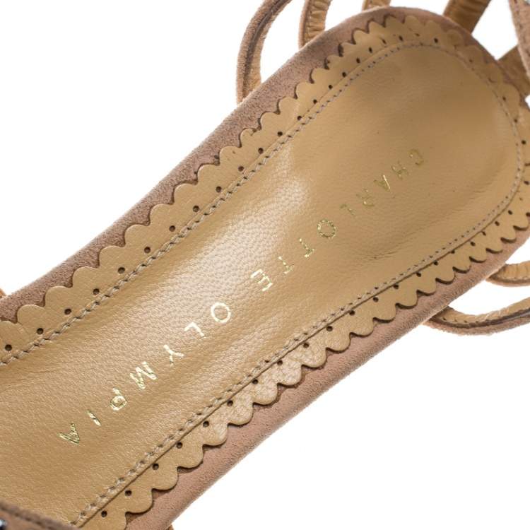 Pre Owned Charlotte Olympia Beige Crystal Embellished Suede Octavia Ankle Strap Sandals Size 36.5