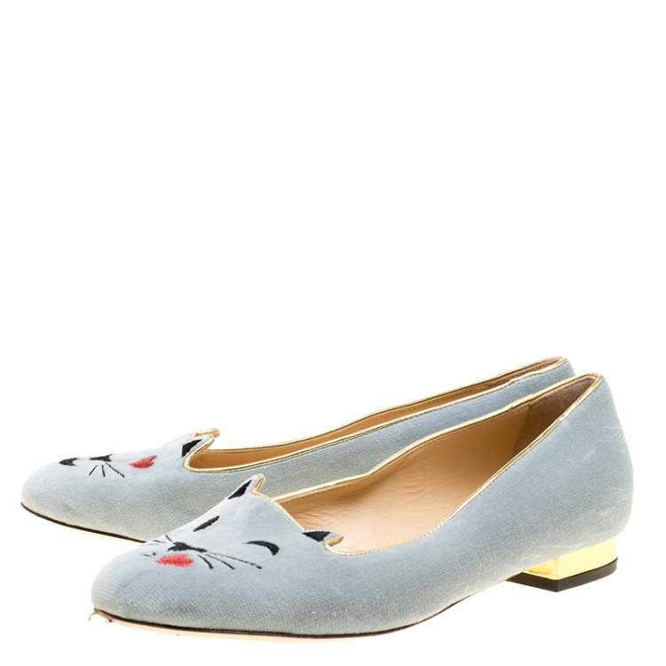 Pre Owned Charlotte Olympia Grey Velvet Emoticats Cheeky Kitty Flats Size 38