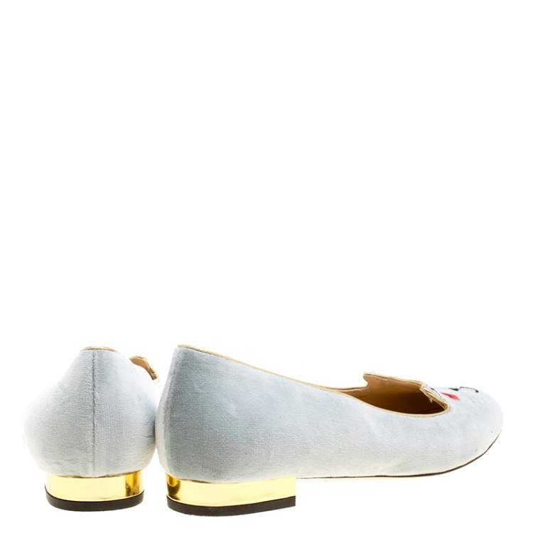 Pre Owned Charlotte Olympia Grey Velvet Emoticats Cheeky Kitty Flats Size 38