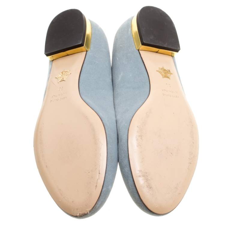Pre Owned Charlotte Olympia Grey Velvet Emoticats Cheeky Kitty Flats Size 38