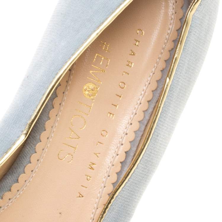Pre Owned Charlotte Olympia Grey Velvet Emoticats Cheeky Kitty Flats Size 38