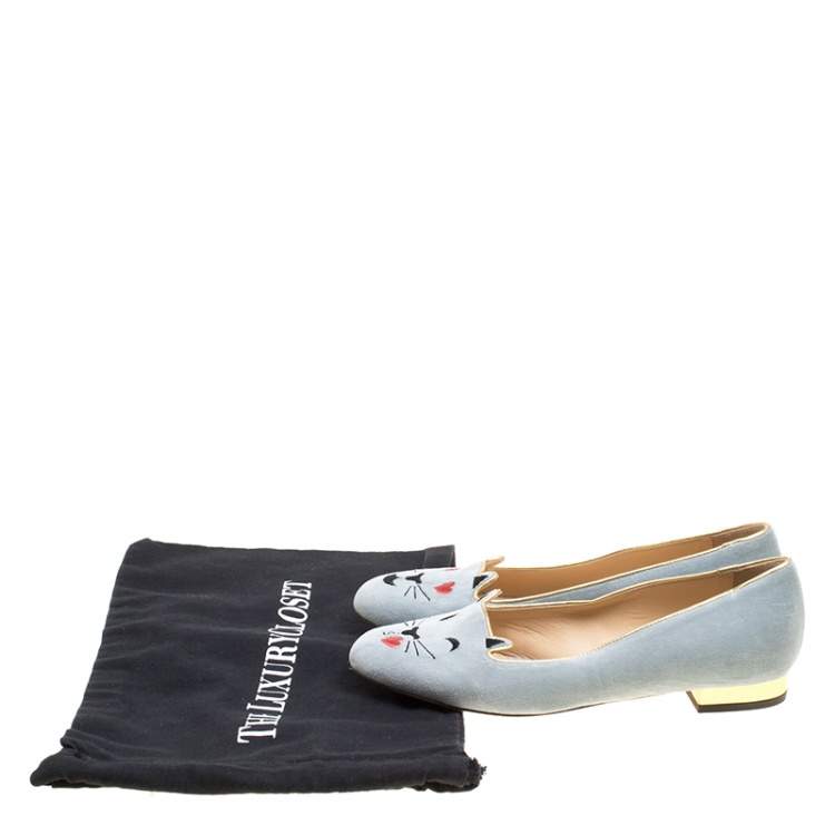 Pre Owned Charlotte Olympia Grey Velvet Emoticats Cheeky Kitty Flats Size 38