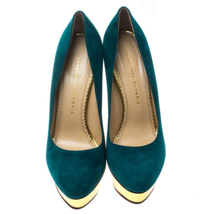 Pre Owned Charlotte Olympia Teal Blue Suede Dolly Platform Pumps Size 40