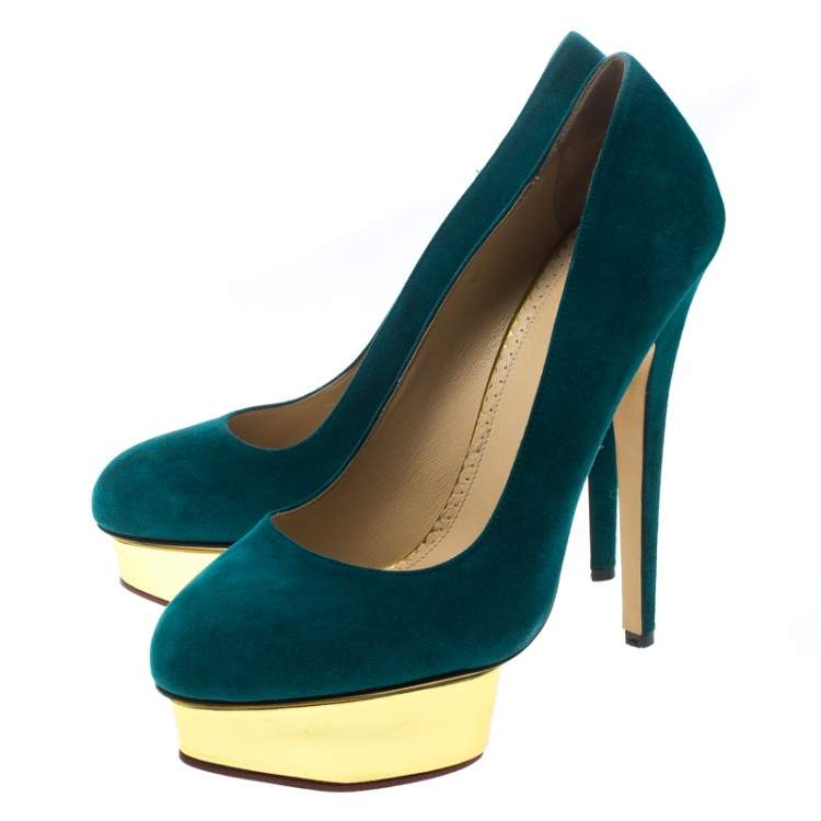 Pre Owned Charlotte Olympia Teal Blue Suede Dolly Platform Pumps Size 40