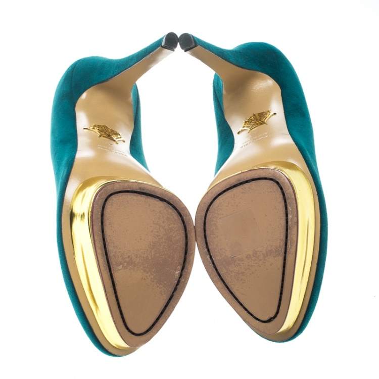 Pre Owned Charlotte Olympia Teal Blue Suede Dolly Platform Pumps Size 40