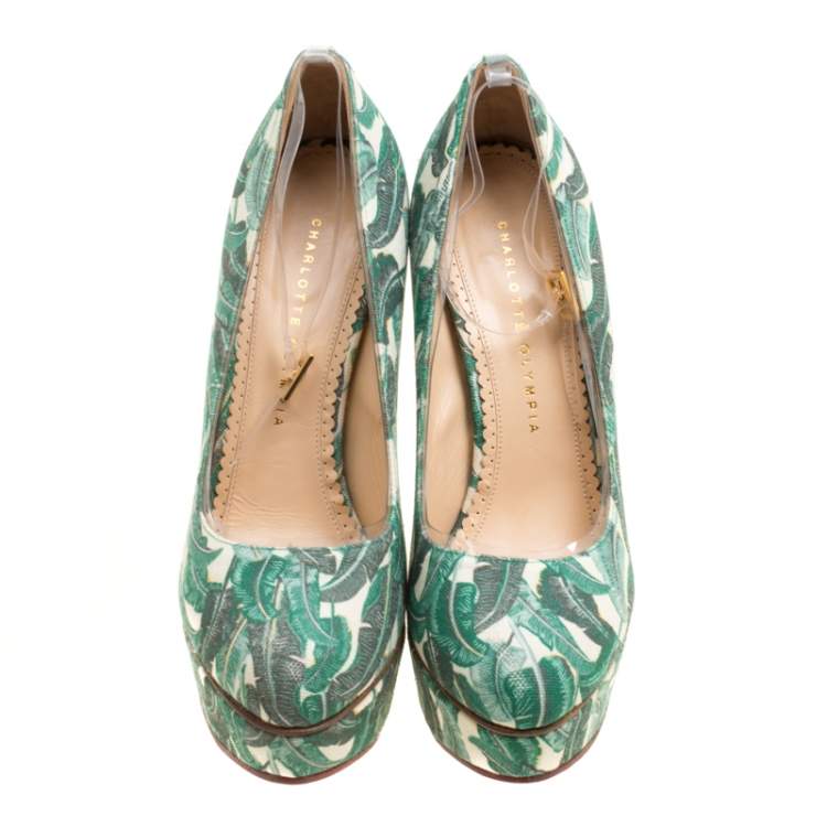 Pre Owned Charlotte Olympia Green Leaves Printed Canvas and PVC Mabel Platform Pumps Size 39