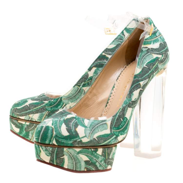 Pre Owned Charlotte Olympia Green Leaves Printed Canvas and PVC Mabel Platform Pumps Size 39