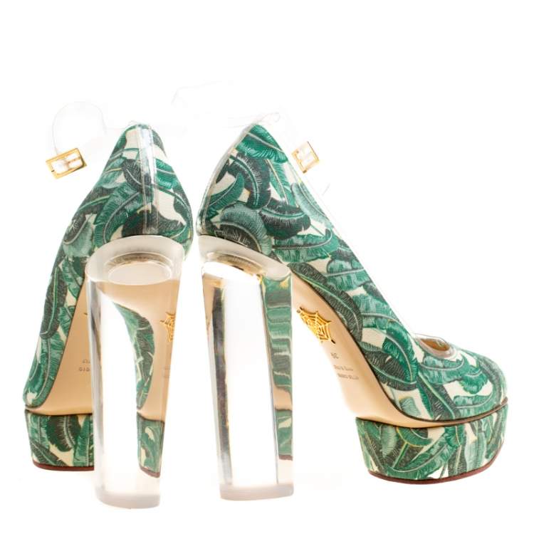 Pre Owned Charlotte Olympia Green Leaves Printed Canvas and PVC Mabel Platform Pumps Size 39