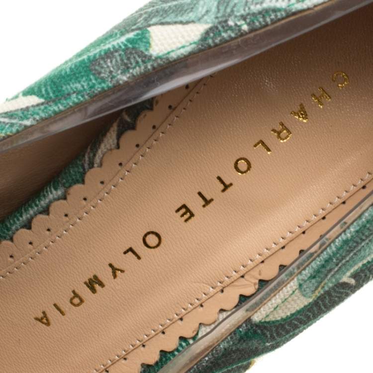 Pre Owned Charlotte Olympia Green Leaves Printed Canvas and PVC Mabel Platform Pumps Size 39