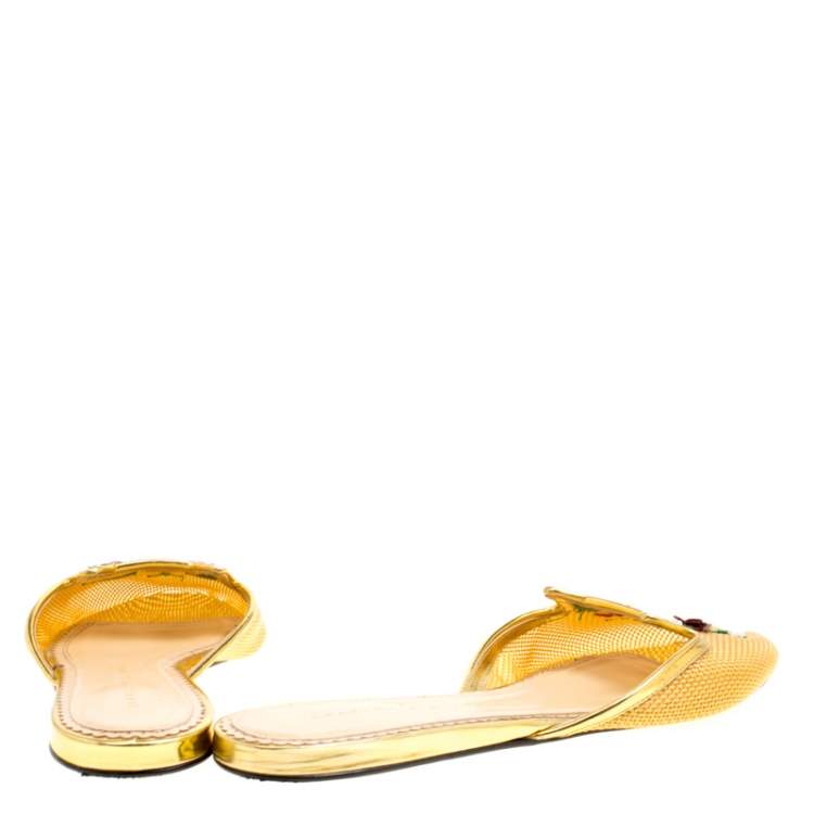 Pre Owned Charlotte Olympia Beige Mesh Kitsch Kitty Sequin Flat Slides Size 40 