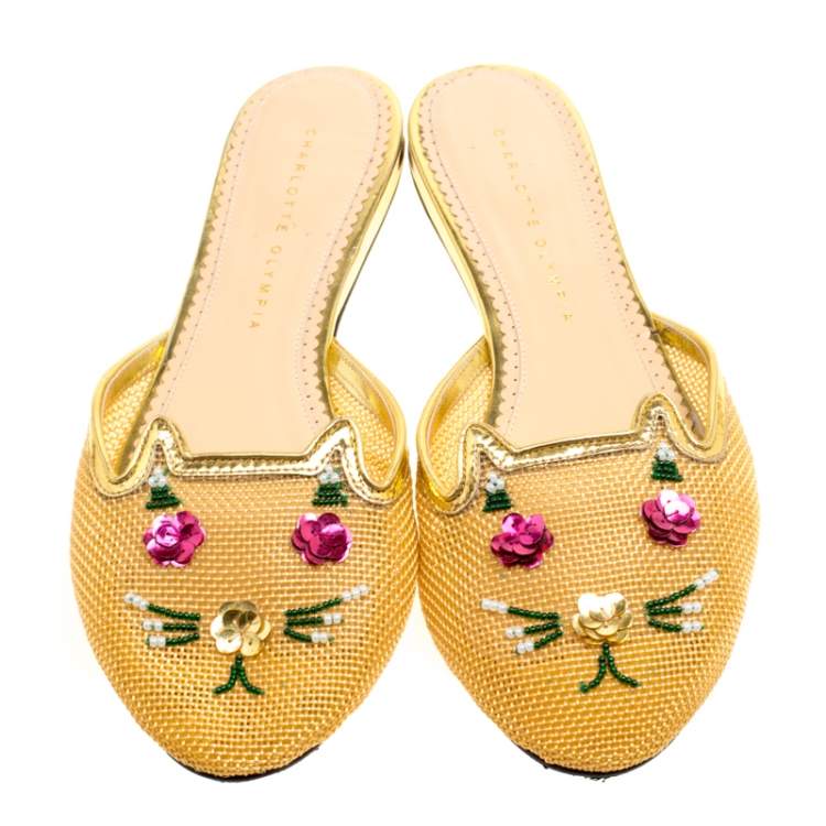 Pre Owned Charlotte Olympia Beige Mesh Kitsch Kitty Sequin Flat Slides Size 40 