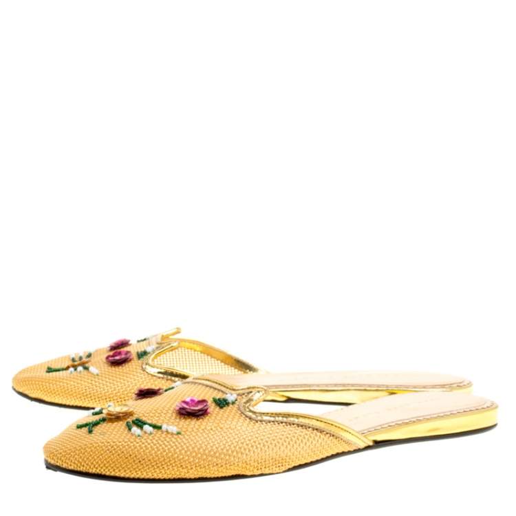 Pre Owned Charlotte Olympia Beige Mesh Kitsch Kitty Sequin Flat Slides Size 40 
