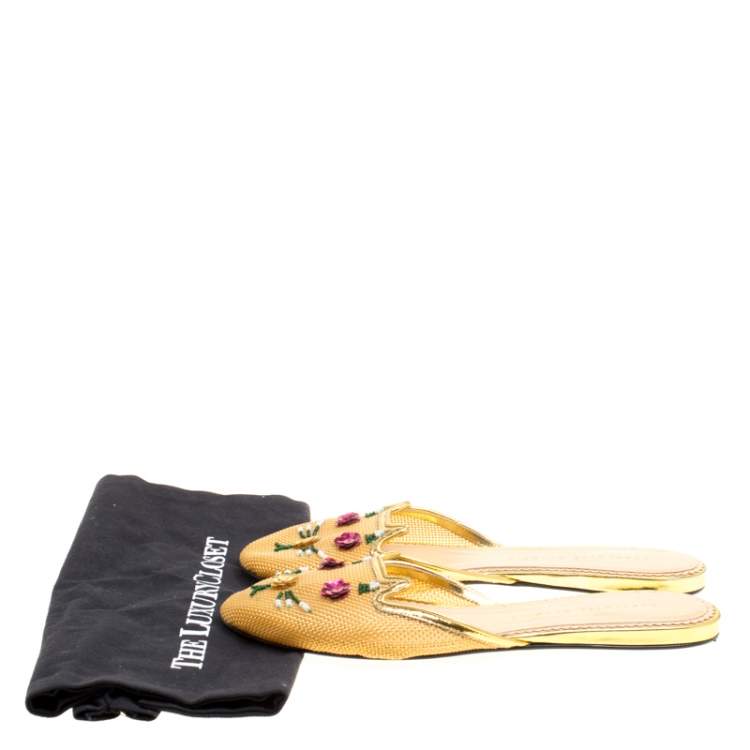 Pre Owned Charlotte Olympia Beige Mesh Kitsch Kitty Sequin Flat Slides Size 40 