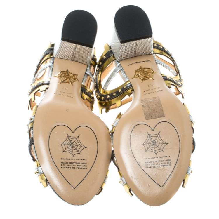 Pre Owned Charlotte Olympia Multicolor Leather Studded Ankle Strap Sandals Size 37