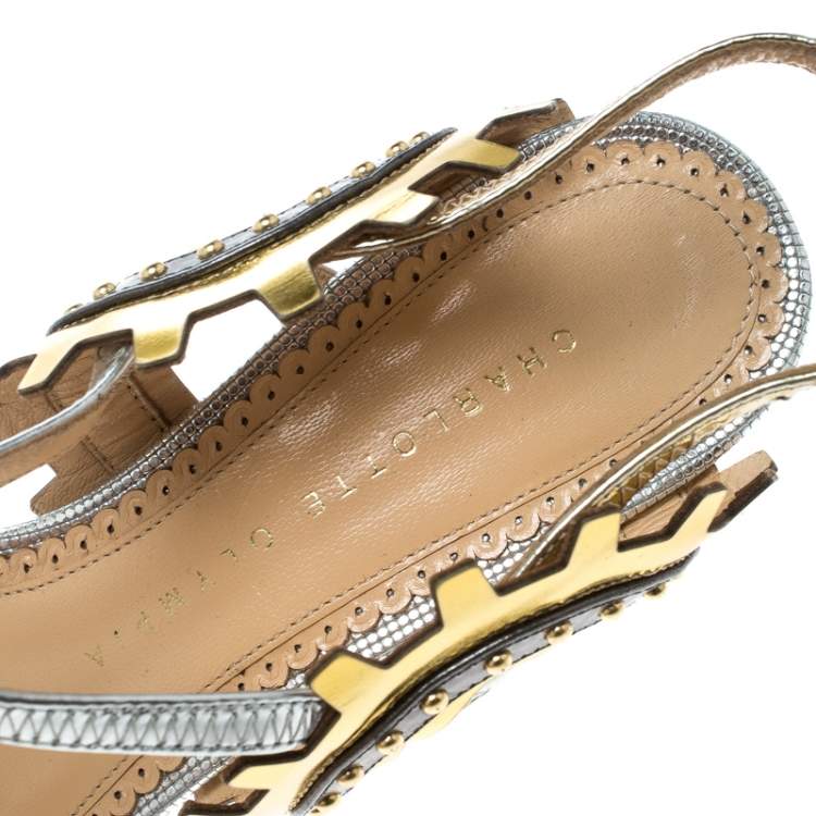 Pre Owned Charlotte Olympia Multicolor Leather Studded Ankle Strap Sandals Size 37