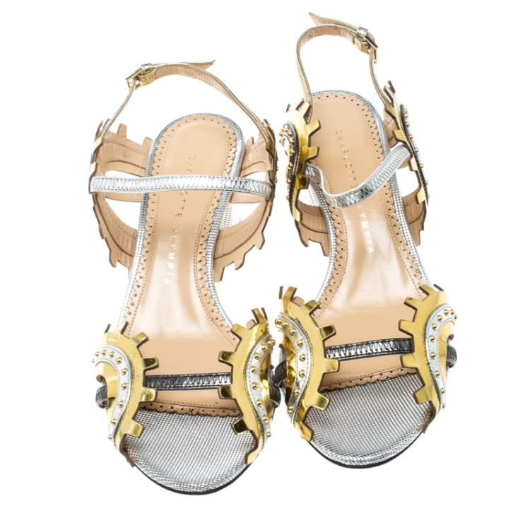 Pre Owned Charlotte Olympia Multicolor Leather Studded Ankle Strap Sandals Size 37