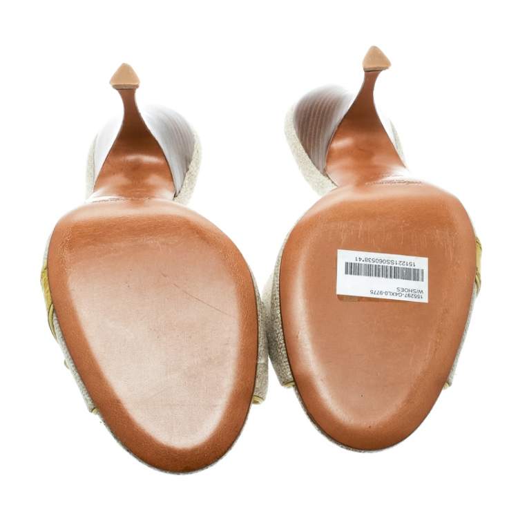 Pre Owned Saint Laurent Paris Lime Green/Beige Leather and Canvas Buckle Details Slide Sandals Size 41