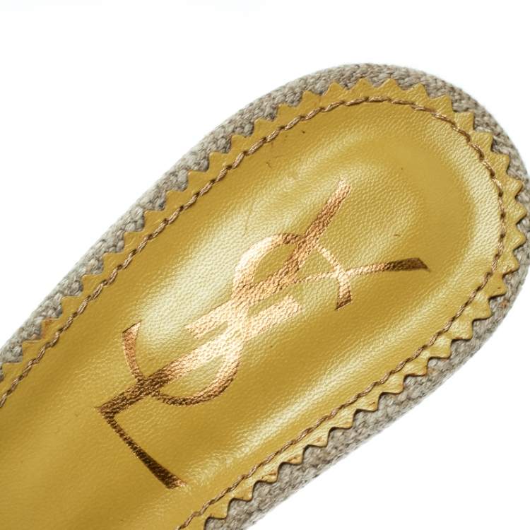 Pre Owned Saint Laurent Paris Lime Green/Beige Leather and Canvas Buckle Details Slide Sandals Size 41
