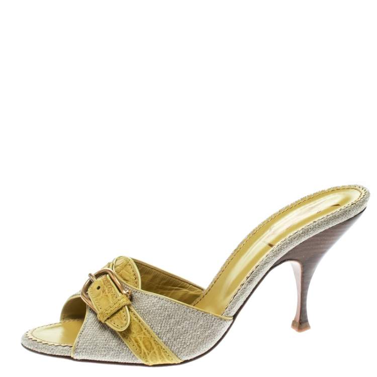 Pre Owned Saint Laurent Paris Lime Green/Beige Leather and Canvas Buckle Details Slide Sandals Size 41