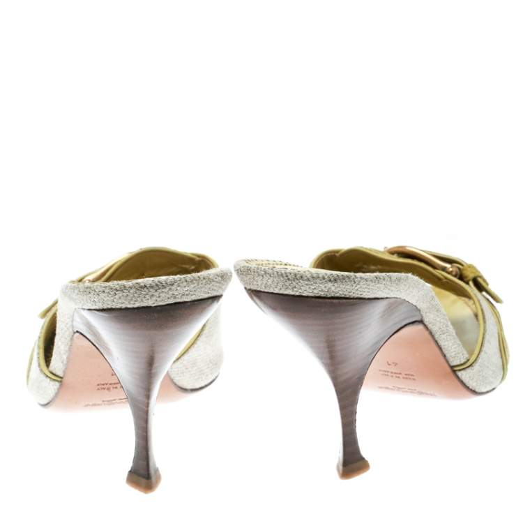 Pre Owned Saint Laurent Paris Lime Green/Beige Leather and Canvas Buckle Details Slide Sandals Size 41