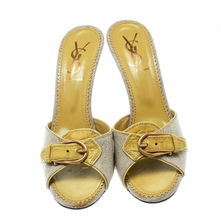 Pre Owned Saint Laurent Paris Lime Green/Beige Leather and Canvas Buckle Details Slide Sandals Size 41